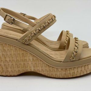 CHANEL, Shoes, Chanel 2c Leather Chain Cc Raffia Platform Wedge Heel  Sandals Shoes